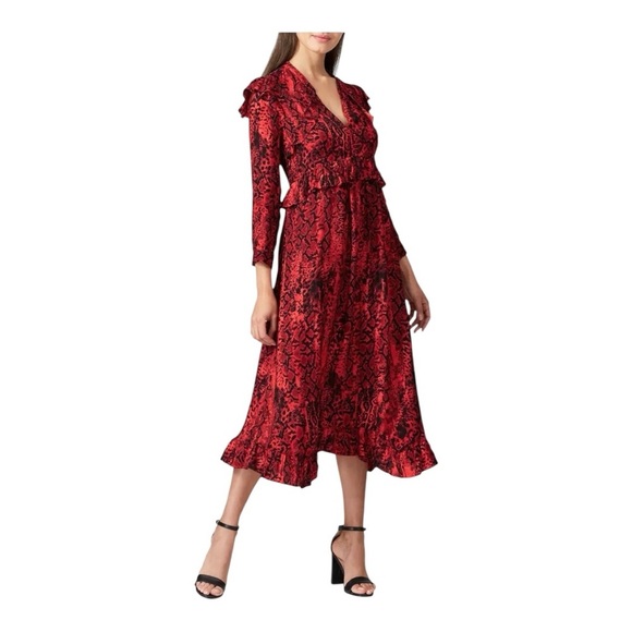 Ba&sh Sahara Midi Dress 3/4 Sleeves Ruffled in Red Black Snake Print Size Large - Picture 1 of 10